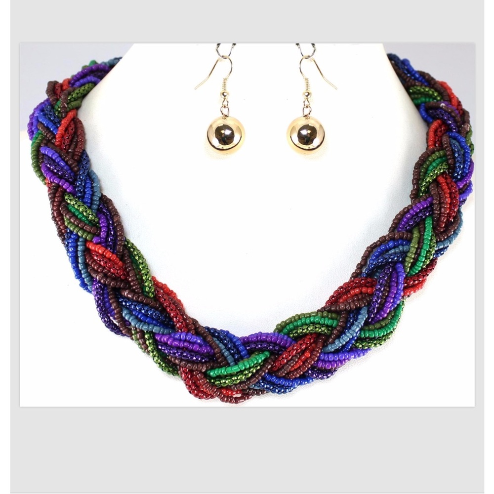 Women's Necklace Earrings Multi Color Gold Bead Braided 20"L Alloy Jewelry Set